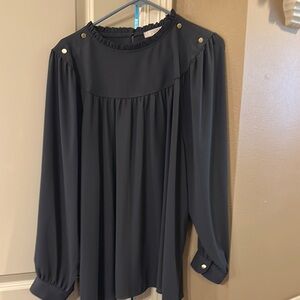 Black Long Sleeve Pleated Blouse with Bib Collar